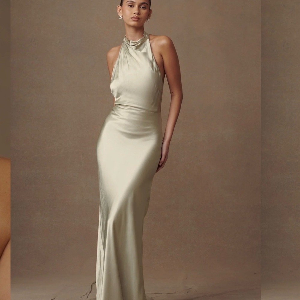 Meshki Champagne Satin Halter Maxi Dress